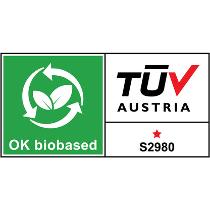 Ein "OK biobased"-Etikett mit grünen Blättern, einem kreisförmigen Pfeil, "TÜV AUSTRIA", einem roten Stern und dem Code "S2980" zertifiziert Ihren 3M Deutschland GmbH Scotch™ Clip & Twist Abroller C19 mit Scotch® Magic™ Unsichtbares Klebeband (4x; 19mm×33m).