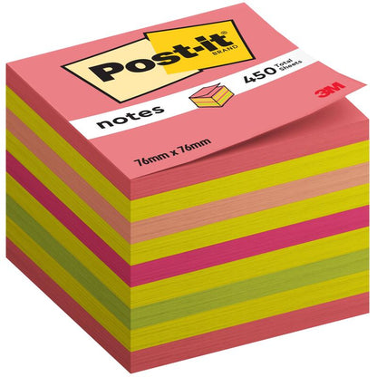 A stack of Post-it® Notes cubes from 3M Deutschland GmbH, 76 x 76 mm, 450 sheets per block, 100% PEFC-certified.
