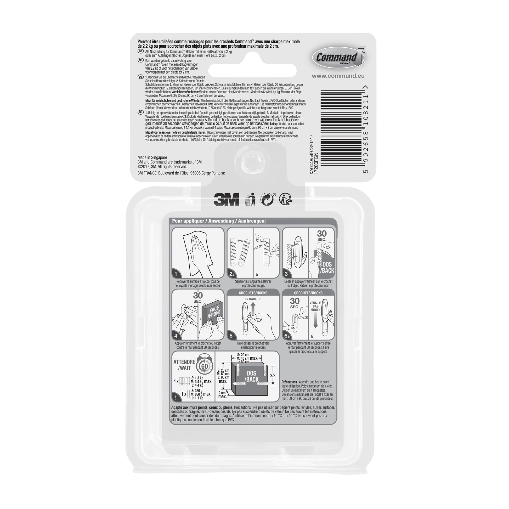 Die Abbildung zeigt die Vorder- und Rückseite einer 3M Deutschland GmbH Multipack Command™ Strips, 17200 | Packung (1 Stück) Verpackung mit Montageanleitung, einschließlich Symbolen und Diagrammen zum Anbringen und Entfernen der Klebestreifen.