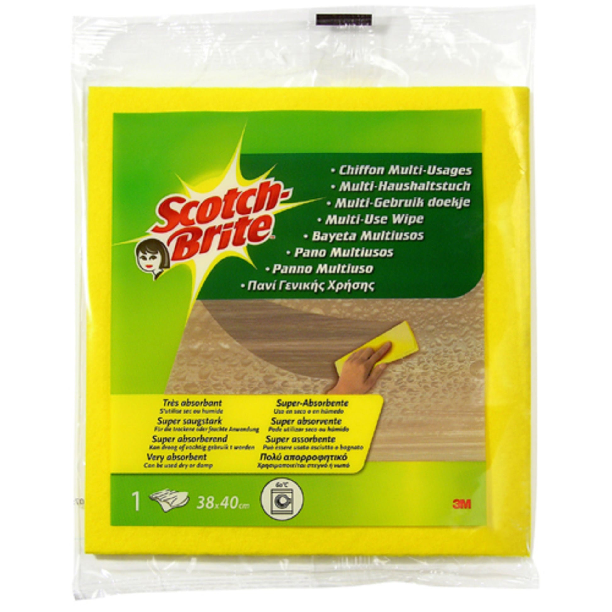 Das Scotch-Brite™ Allzeck-Tuch W110 von 3M Deutschland GmbH ist ein gelbes, mehrfach verwendbares Tuch (38 x 40 cm) in einer Einzelverpackung mit einer Hand in der Anwendung, Produktinformationen in mehreren Sprachen und dem 3M-Logo auf der Packung.