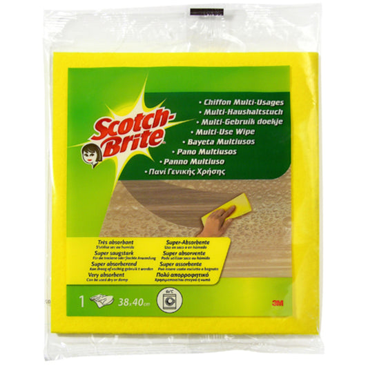 Das Scotch-Brite™ Allzeck-Tuch W110 von 3M Deutschland GmbH ist ein gelbes, mehrfach verwendbares Tuch (38 x 40 cm) in einer Einzelverpackung mit einer Hand in der Anwendung, Produktinformationen in mehreren Sprachen und dem 3M-Logo auf der Packung.
