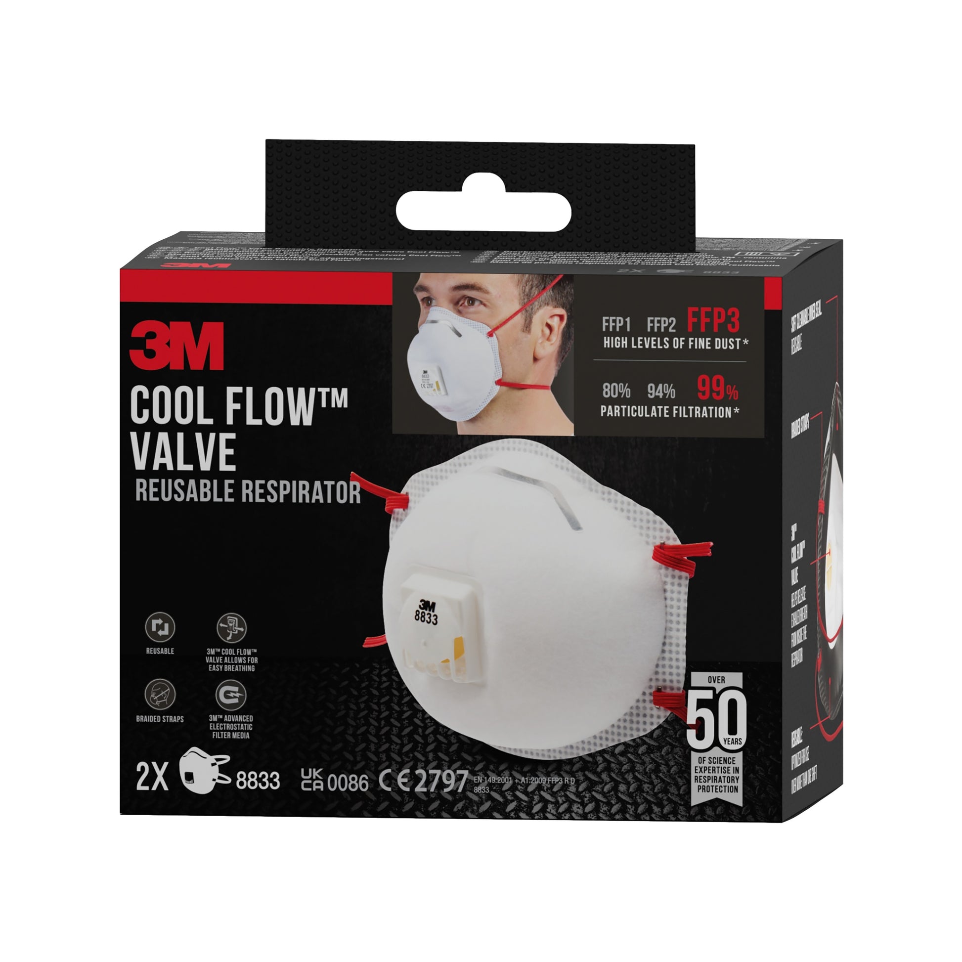 Ein 2er-Pack der 3M™ Cool Flow™ Partikelmaske 8833, FFP3 mit Ventil von 3M Deutschland GmbH, mit Atemschutz und bis zu 50 Anwendungen. Die Verpackung zeigt die Maske und einen Träger und hebt die FFP1-FFP3-Filtration hervor.