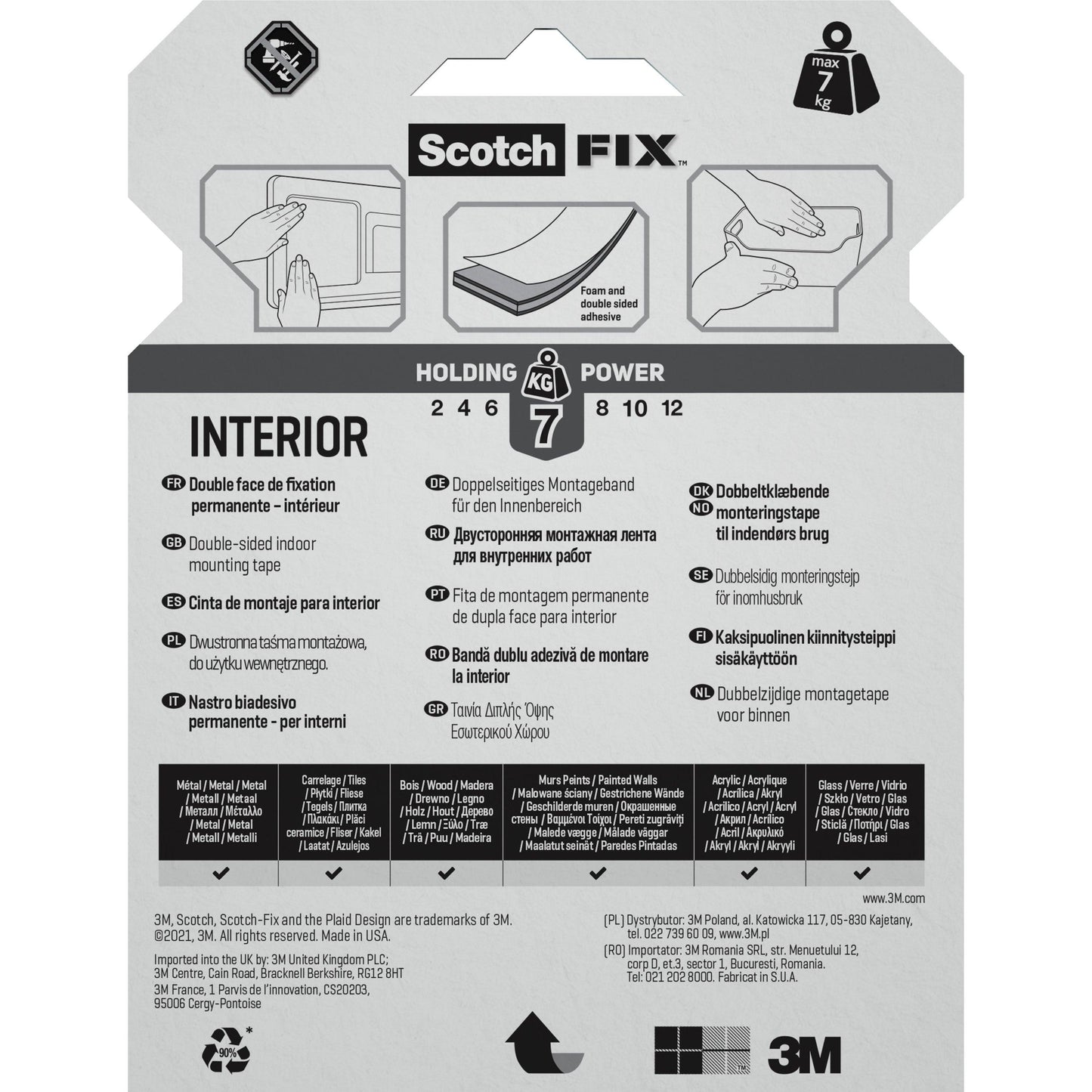Die Verpackung des Scotch-FIX™ Doppelseitigen Innenmontagebandes der 3M Deutschland GmbH zeigt mehrsprachigen Text, Anwendungsbilder und Symbole, die zeigen, dass das Band bis zu 7 kg tragen kann.