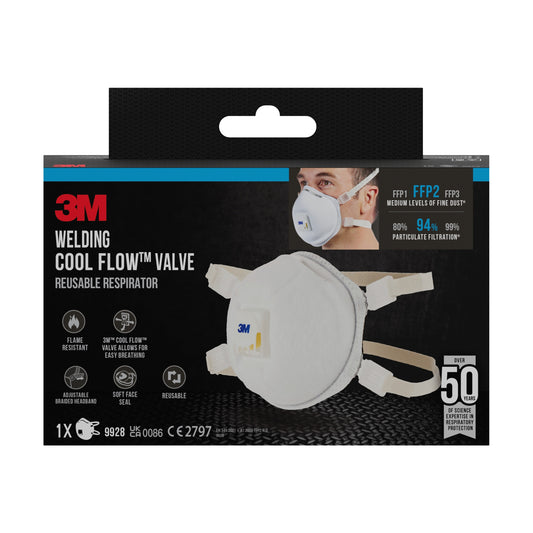 Eine Schachtel der 3M™ Cool Flow™ Partikelmaske 9928 für Schweißarbeiten, mit Ventil (1 Stück) von 3M Deutschland GmbH zeigt die Maske, ein Benutzerbild, Informationen zur Filtration und den Hinweis, dass sie über 50 Mal wiederverwendbar ist.