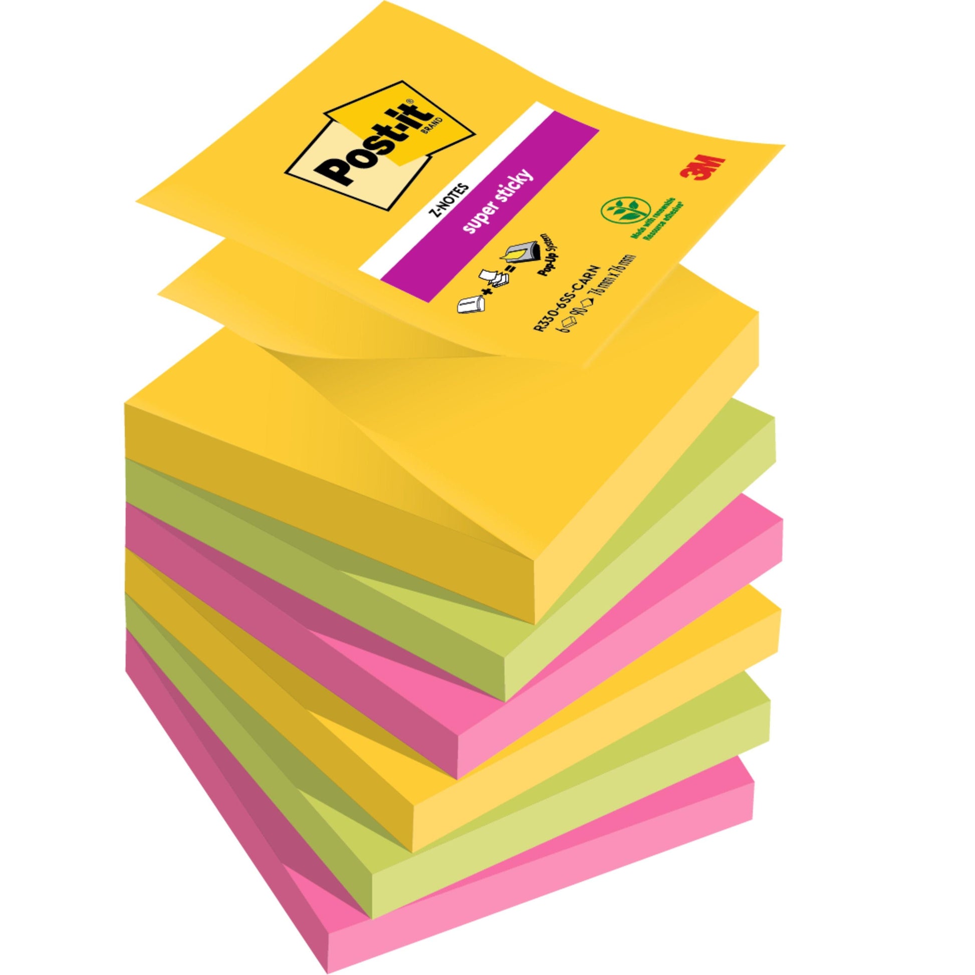 Ein Stapel Post-it® Super Sticky Z-Notes Boost Collection (76x76 mm, 90 Blatt/Block, 100% PEFC) der 3M Deutschland GmbH zeigt leuchtend gelbe, grüne und rosafarbene Zettel, wobei der oberste Zettel leicht angehoben ist und das Produktetikett zeigt.
