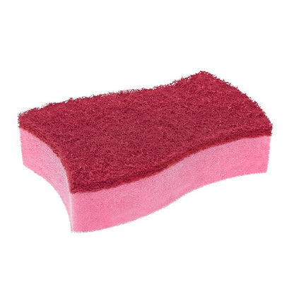 The Scotch-Brite® Delicate Color non-scratch cleaning sponge from 3M Deutschland GmbH (2 pieces per pack) is pink, rectangular, and has a textured dark red surface - ideal for delicate surfaces.