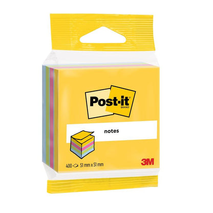 The 3M Post-it® Notes Mini Cubes from 3M Deutschland GmbH offer 400 sheets per block in assorted colors, size 51 mm x 51 mm, with yellow packaging and a clear front. Made from 100% PEFC-certified paper.