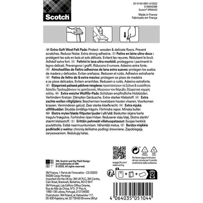Rückseite eines Scotch® Extra weiche Filzpads, selbsthaftend, beige Verpackung der 3M Deutschland GmbH mit schwarzem Text auf weißem Grund mit mehrsprachiger Anleitung, Vorteilen, Anwendungshinweisen und Barcode.
