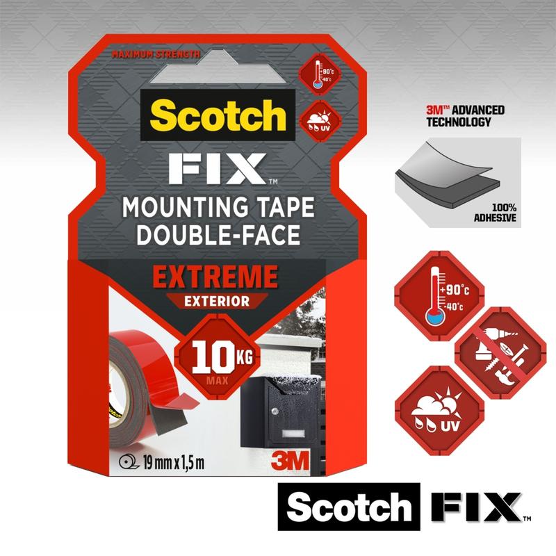 A package of Scotch-FIX™ Extreme double-sided outdoor mounting tape from 3M Deutschland GmbH, with 10 kg maximum strength, weather and UV resistance, and advanced adhesive technology.