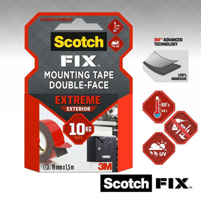 A package of Scotch-FIX™ Extreme double-sided outdoor mounting tape from 3M Deutschland GmbH, with 10 kg maximum strength, weather and UV resistance, and advanced adhesive technology.