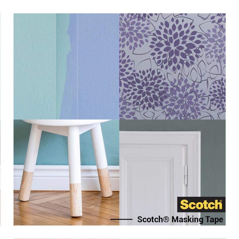 A collage shows a half blue-painted wall, a purple floral wallpaper, a white stool with wooden legs on a wooden floor, and a white door. The Scotch® painter's masking tape for delicate surfaces from 3M Deutschland GmbH is pictured in the lower right corner.