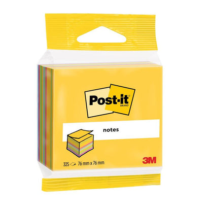 A pack of Post-it® Notes cube from 3M Deutschland GmbH, 76 x 76 mm, 450 sheets per block, color-sorted and PEFC certified.