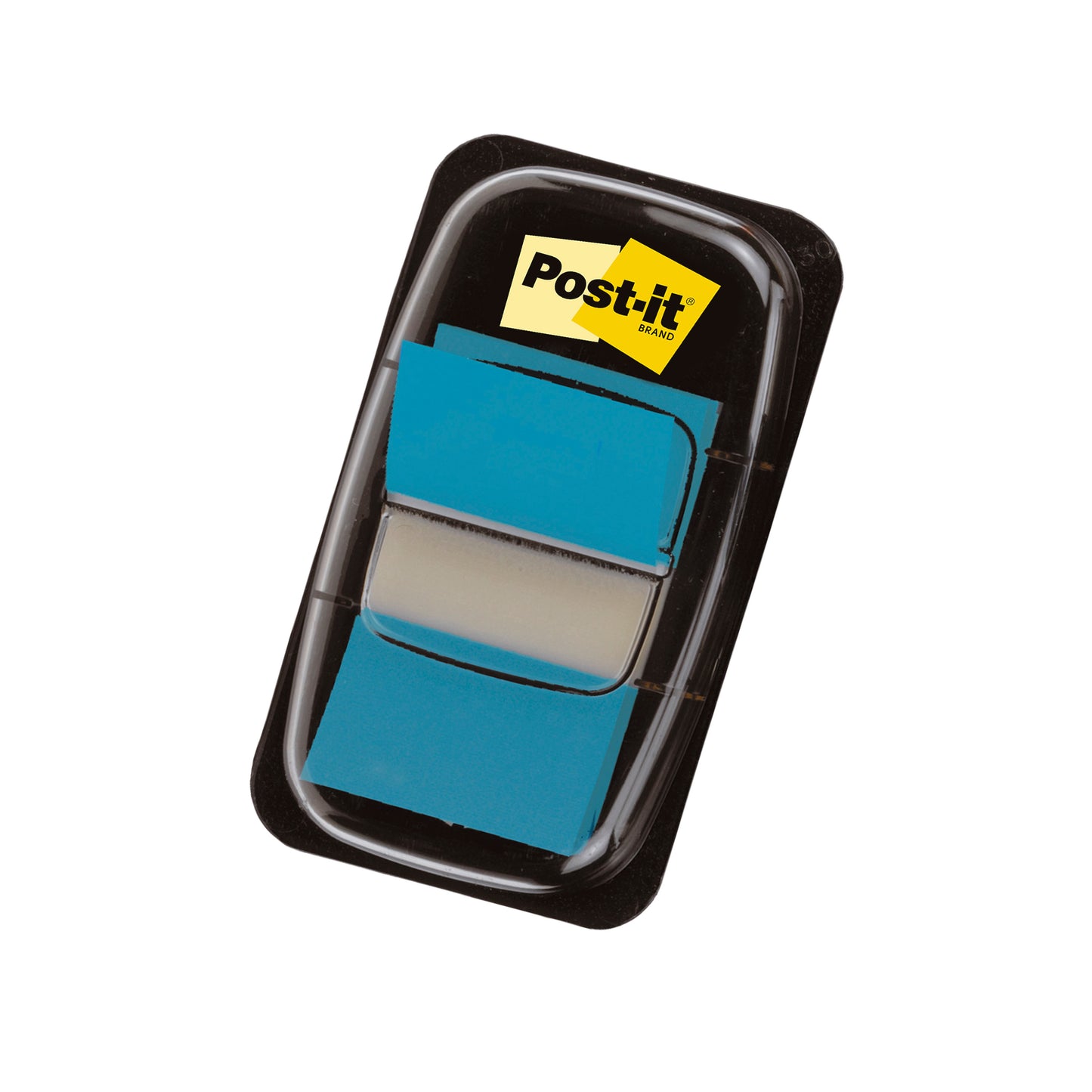 Ein schwarzer Kunststoffspender der 3M Deutschland GmbH fasst zwei Stapel blauer Post-it® Index Haftstreifen (25,4 mm x 43,2 mm, 50 Stück pro Spender), darauf ein gelbes und schwarzes Post-it Etikett.