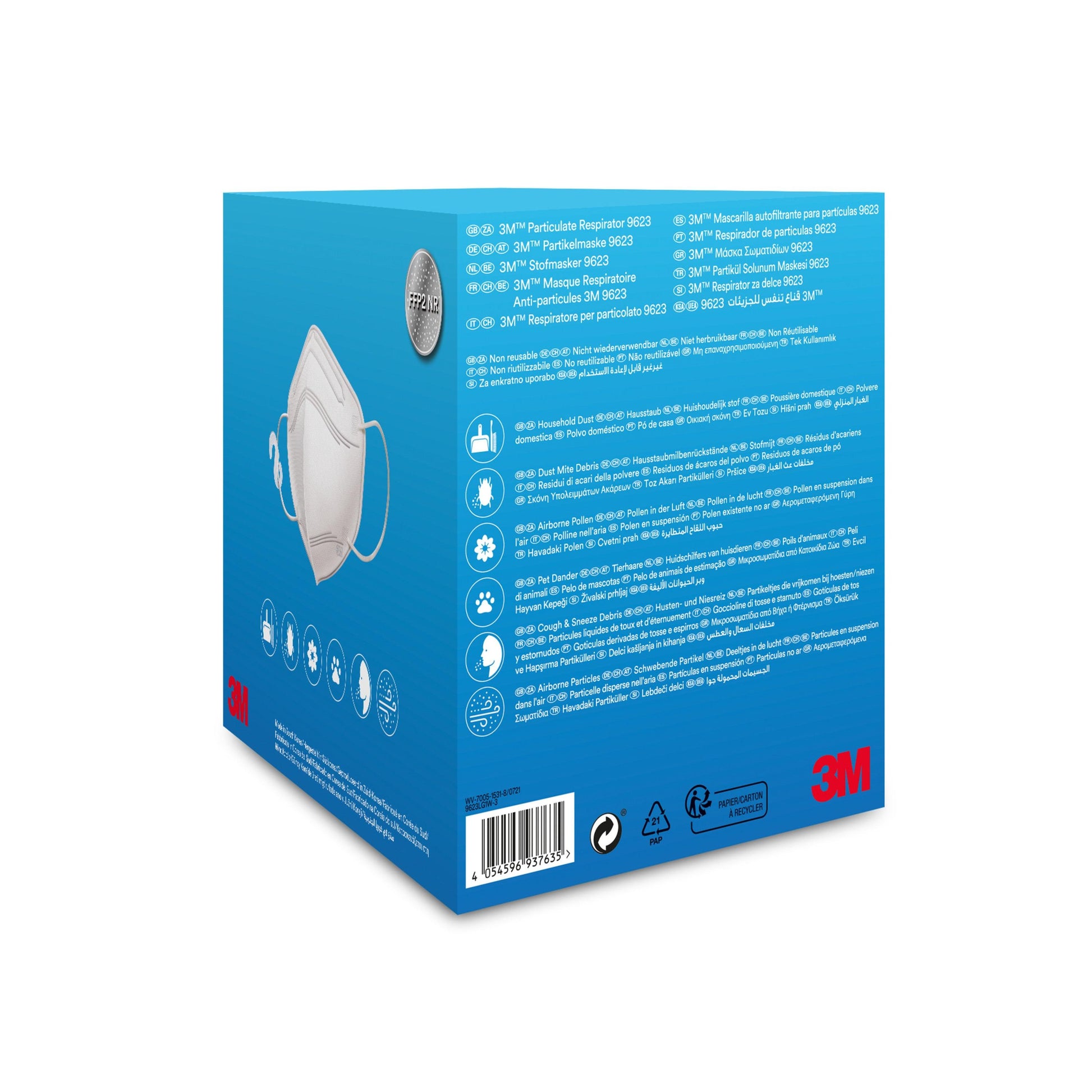 Eine blaue Schachtel der 3M Deutschland GmbH präsentiert die 3M™ Partikelmaske 9623 (1 Stück, 3/Packung) mit einer weißen Partikelmaske, mehrsprachigen Angaben, Zertifizierungssymbolen, Barcode und einem markanten 3M-Branding an den unteren Kanten.