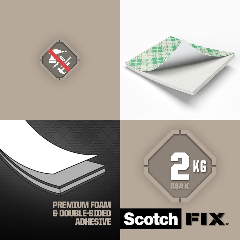A graphic shows a No-Nails symbol, Scotch-FIX™ Double-Sided Indoor Mounting Squares (25 mm x 25 mm, 16 pieces) from 3M Germany GmbH, with strong adhesive power, "Premium Foam & Double-Sided Adhesive", "2 KG MAX", on a beige background.