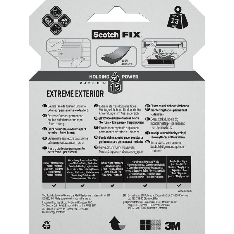 On the back of the Scotch-FIX™ Extreme double-sided outdoor mounting tape from 3M Deutschland GmbH, the weight restriction of 13 kg, application instructions, suitable surfaces, and safety instructions are indicated in multiple languages in black text on a gray background.