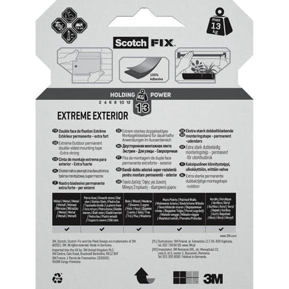 On the back of the Scotch-FIX™ Extreme double-sided outdoor mounting tape from 3M Deutschland GmbH, the weight restriction of 13 kg, application instructions, suitable surfaces, and safety instructions are indicated in multiple languages in black text on a gray background.