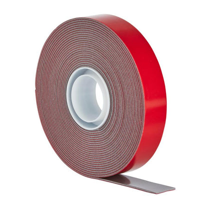A partially unrolled roll of 3M Deutschland GmbH Scotch-FIX™ Extreme double-sided outdoor mounting tape with a red backing shows the adhesive layer against a white background.