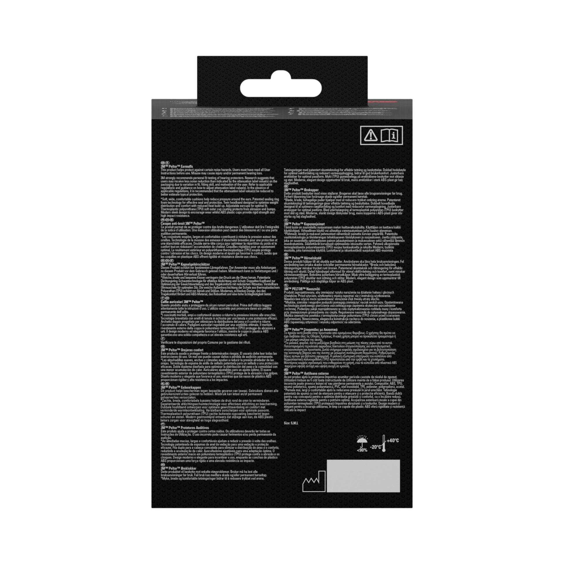 Die Rückseite der 3M™ PELTOR™ Komfort-Kapselgehörschutz-Verpackung der 3M Deutschland GmbH besteht aus schwarzem Karton mit kleiner weißer Schrift, Warnsymbolen oben rechts, Handhabungssymbolen unten rechts und einer Aufhängelasche oben.