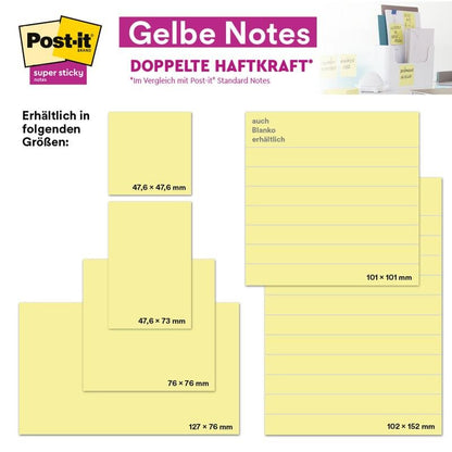 A graphic shows 3M Post-it® Notes from 3M Deutschland GmbH in various sizes, including 76 × 76 mm, with packaging in the background. The 76 × 76 mm notes have 100 sheets per block and are made from 100% PEFC-certified paper.