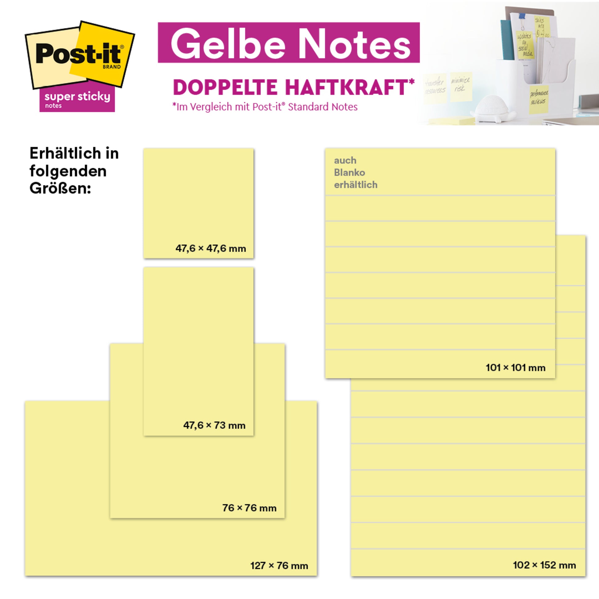 Werbebild für die Post-it® Super Sticky Notes der 3M Deutschland GmbH, 76 x 127 mm, 90 Blatt/Block, 100% PEFC, mit Produkt- und Verpackungsfotos. Weitere verfügbare Größen sind: 47,6 x 47,6 mm, 47,6 x 73 mm, und 101 x 101 mm.