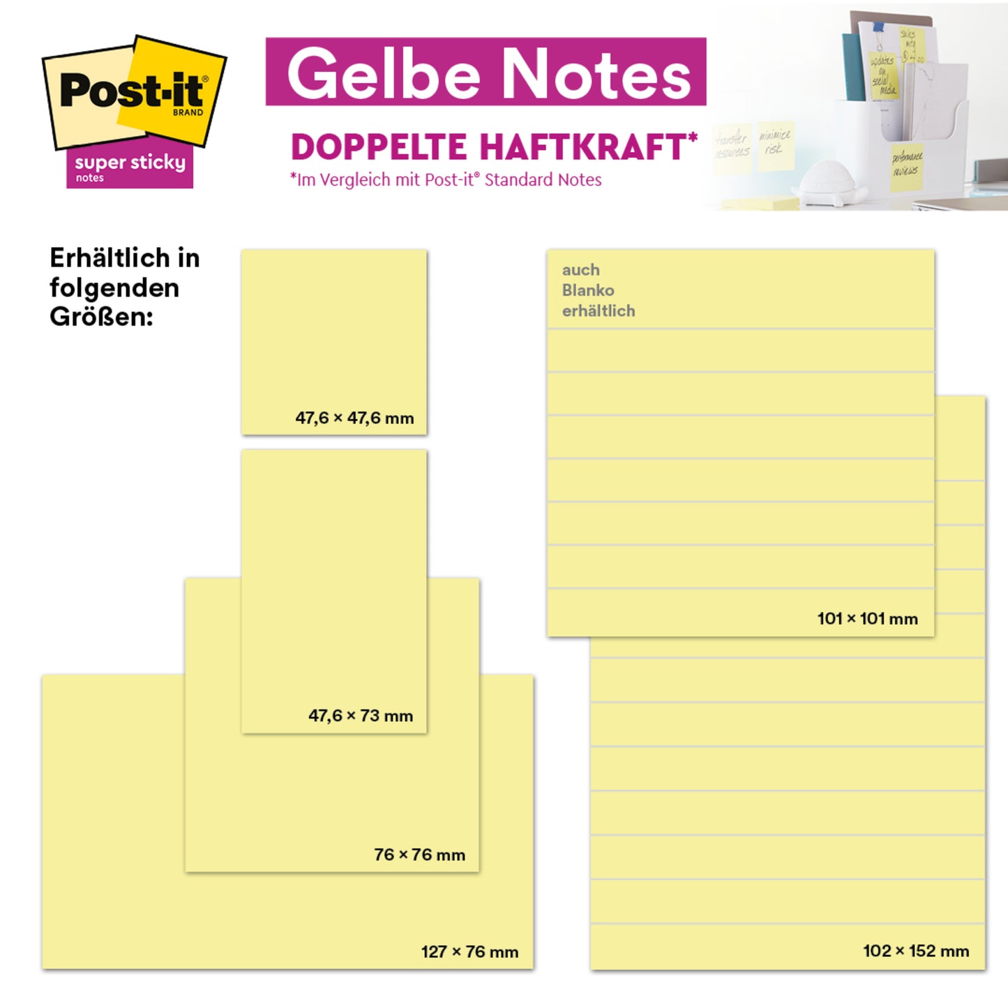 Eine Auswahl an umweltfreundlichen Post-it® Notes, Gelb (76 x 102 mm, 100 Blatt/Block, 12 Blöcke, Kartonverpackung, 100% PEFC), von 3M Deutschland GmbH wird gezeigt.