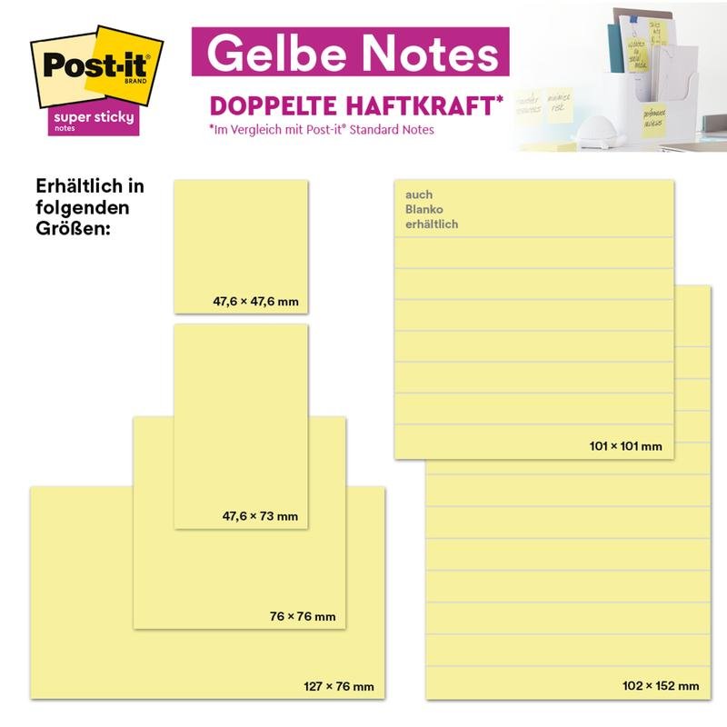 Eine Infografik zeigt die Post-it® Notes im Großformat, Gelb, liniert, 101 x 101 mm, 300 Blatt/Block-umweltfreundlich und 100% PEFC-zertifiziert (SGSCH-PEFC-COC-110078)-mit extra starker Haftung von 3M Deutschland GmbH.