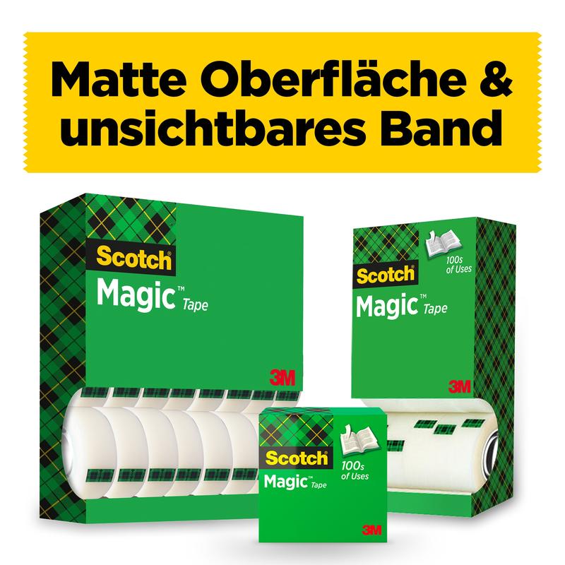 Several packs of Scotch® Magic™ Invisible Tape from 3M Deutschland GmbH are displayed, with matching tape in front. A yellow banner above: "Matte Surface & Invisible". Now in the value pack: 14 rolls à 19 mm x 33 m!.