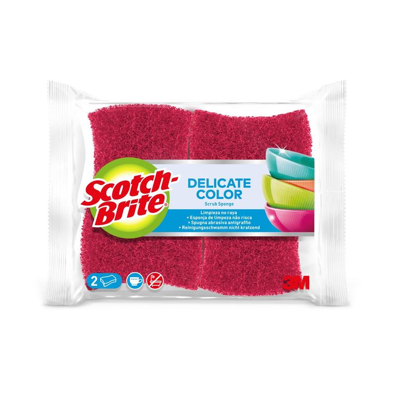A 2-pack of Scotch-Brite® Delicate Color non-scratch cleaning sponge from 3M Deutschland GmbH. The red sponges are suitable for delicate surfaces, with a label displaying the brand logo, product name, colorful dish illustrations, and information in multiple languages.