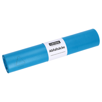 Abgebildet ist eine Rolle blauer DEISS 20001 Müllbeutel (700x1100 mm Typ 100, 20 Stück) der EMIL DEISS KG (GmbH + Co.) mit weißem Mitteletikett auf einfarbig weißem Hintergrund, das robuste Müllbeutel für effiziente Abfallentsorgung hervorhebt.