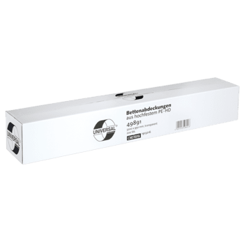 A long, white box labeled "UNIVERSAL" contains EMIL DEISS KG (GmbH + Co.) recycled LDPE bags (120 L, 700x1100x0.06 mm, blue, 25 per roll). The product number 49891 and “120-liter trash bag” are printed in German on the side.