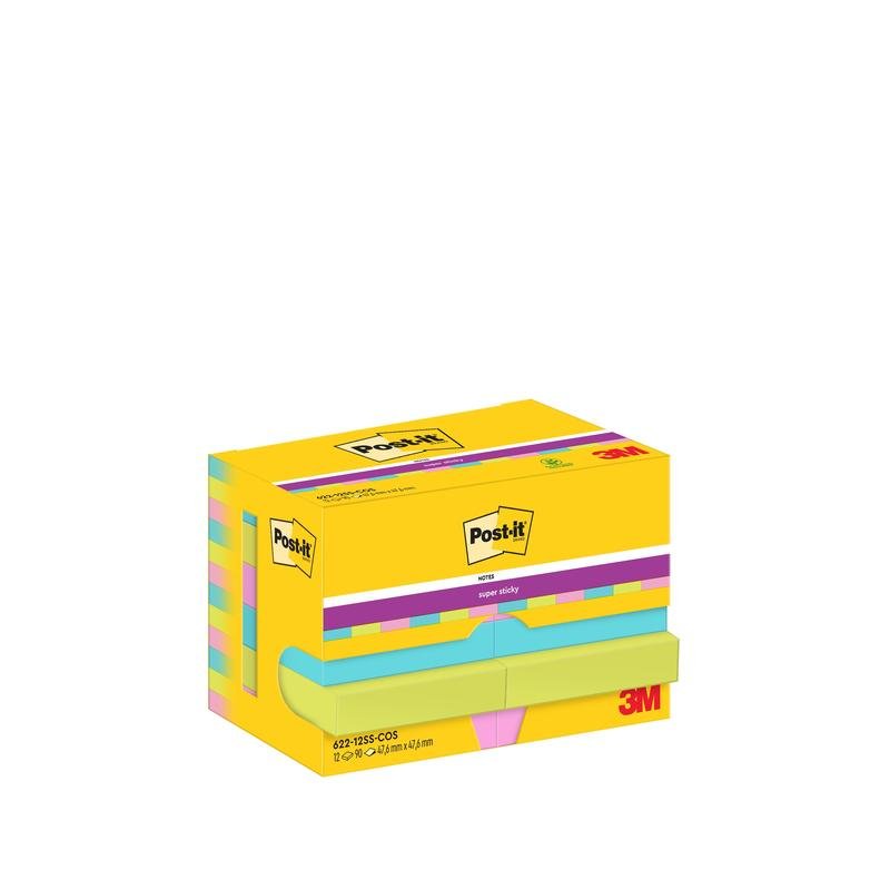 Pictured is a yellow box of 3M Deutschland GmbH Post-it® Super Sticky Notes (47.6 mm x 47.6 mm, 90 sheets/block, 100% PEFC) with the logo, several multicolored blocks, and product information on the front and side.