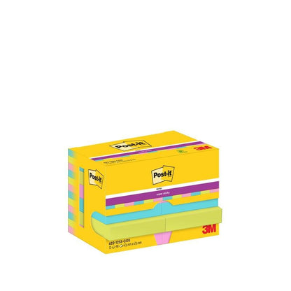 Pictured is a yellow box of 3M Deutschland GmbH Post-it® Super Sticky Notes (47.6 mm x 47.6 mm, 90 sheets/block, 100% PEFC) with the logo, several multicolored blocks, and product information on the front and side.
