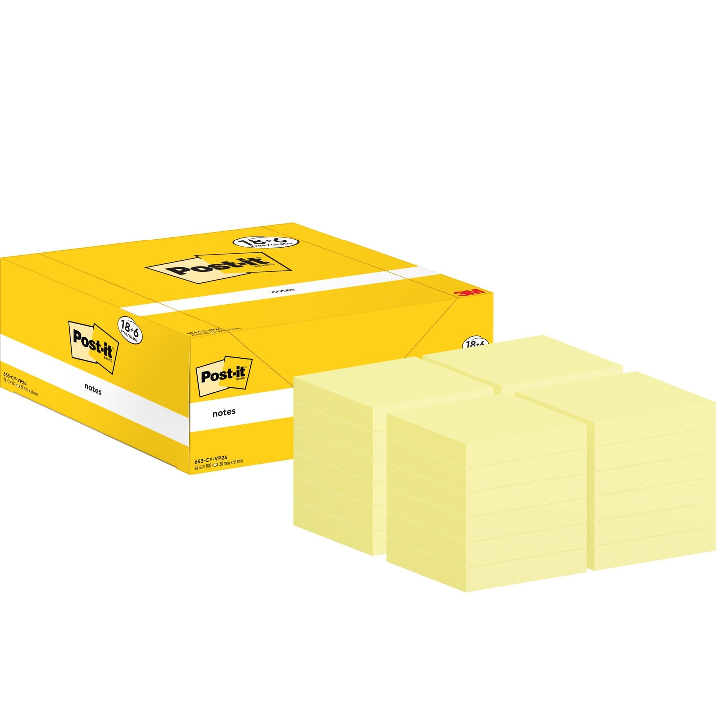 Eine gelbe Post-it® Notizzettelbox der 3M Deutschland GmbH steht neben vier Stapeln gelber Notizzettel (38x51mm, 100 Blatt/Block), die Teil einer 18+6 gratis Packung in Kartonverpackung, 100% PEFC zertifiziert sind.