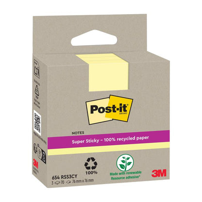 A pack of Post-it® Super Sticky 100% Recycled Notes (76x76mm, 70 sheets/block, 100% PEFC) from 3M Deutschland GmbH. The brown box features a yellow Post-it logo, a recycling symbol, and a green symbol for renewable adhesives.