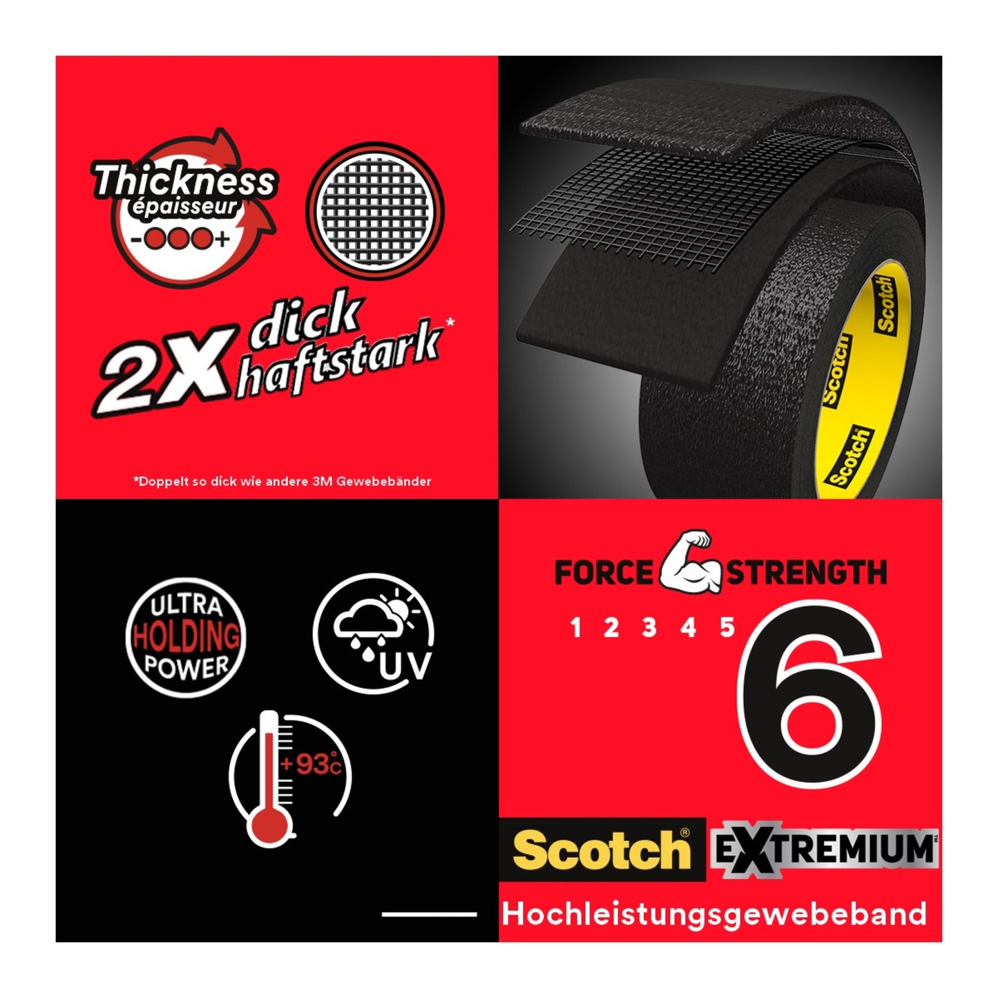Eine Grafik des Scotch® Extremium™ Ultra Hochleistungs-Klebeband DT17 (10 m x 24 mm, 1 Rolle) von 3M Deutschland GmbH zeigt doppelte Stärke, hohe Festigkeit (6/6), UV- und Hitzebeständigkeit bis 93°C, plus deutsch/englischen Text.