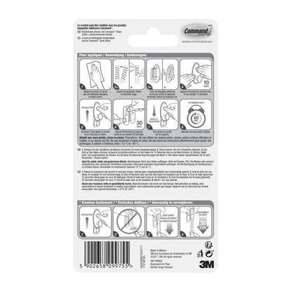 Die Rückseite einer Command™ Kleider-Haken, 17019-FGN-Verpackung der 3M Deutschland GmbH zeigt eine bebilderte Schritt-für-Schritt-Anleitung für die Wandbefestigung ohne Bohren, Warnhinweise, Produktdetails, den Barcode und den 3M Schriftzug in schwarz-weiß.
