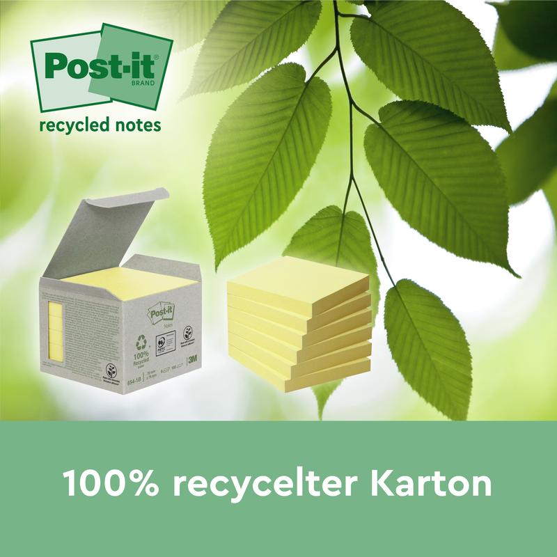 A stack of Post-it® Super Sticky 100% Recycling Notes (76x76mm, 70 sheets/block, PEFC) by 3M Deutschland GmbH is depicted next to green leaves. Text: "100% recycled carton" and "recycled notes".
