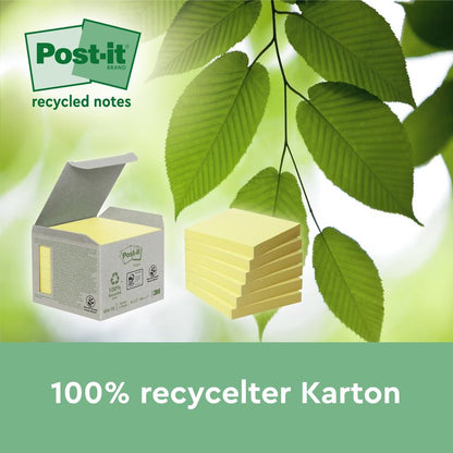 A box of Post-it® Super Sticky 100% Recycled Notes (76x76 mm, 70 sheets, PEFC) by 3M stands next to a stack of notes with green leaves in the background. The text reads "100% recycled cardboard" and "recycled notes."