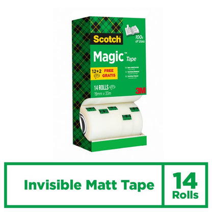 The value pack contains 14 rolls of Scotch® Magic™ Invisible Tape (19 mm x 33 m) from 3M Deutschland GmbH in a green box with tartan pattern and the note "Invisible Matt Tape" as well as "14 Rolls".