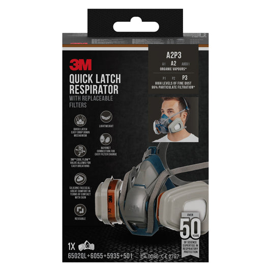 Die 3M Quick Latch-Atemschutzmaske 6502QLKIT-1 von 3M Deutschland GmbH zeigt die Atemschutzmaske, die wichtigsten Merkmale, die A2P3-Zertifizierung, zwei Benutzer und hebt austauschbare Filter und Schutz vor organischen Dämpfen sowie Staub hervor.