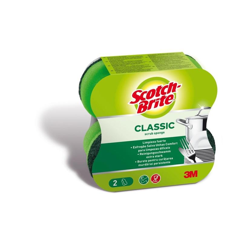 A package of Scotch-Brite® Classic Cleaning Sponge from 3M Deutschland GmbH shows two green and yellow sponges, multilingual product information, and an image of clean dishes.