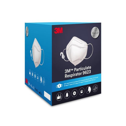 A blue-white box from 3M Deutschland GmbH with 3M™ Particle Mask 9623, 3/Package | 1 Piece, mask image, product name, logo, and symbols for particle protection and suitable application.