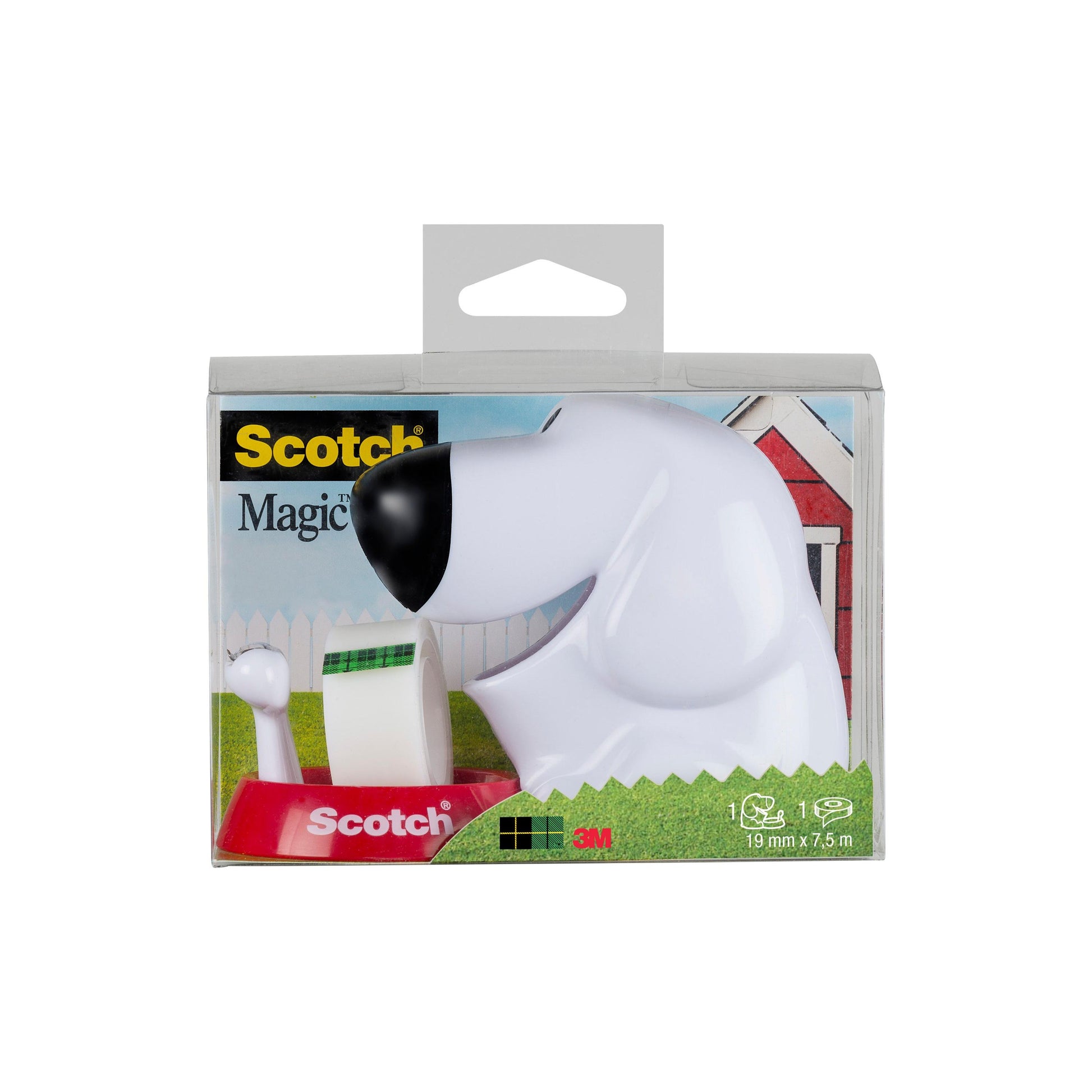 Der Scotch™ Tischabroller im Hunde Design C31 von 3M Deutschland GmbH enthält eine Rolle Scotch® Magic™ Klebeband (19 mm x 8,89 m) und wird in einer Klarsichtbox mit Hintergrundbild eines roten Hauses und weißen Zauns geliefert.