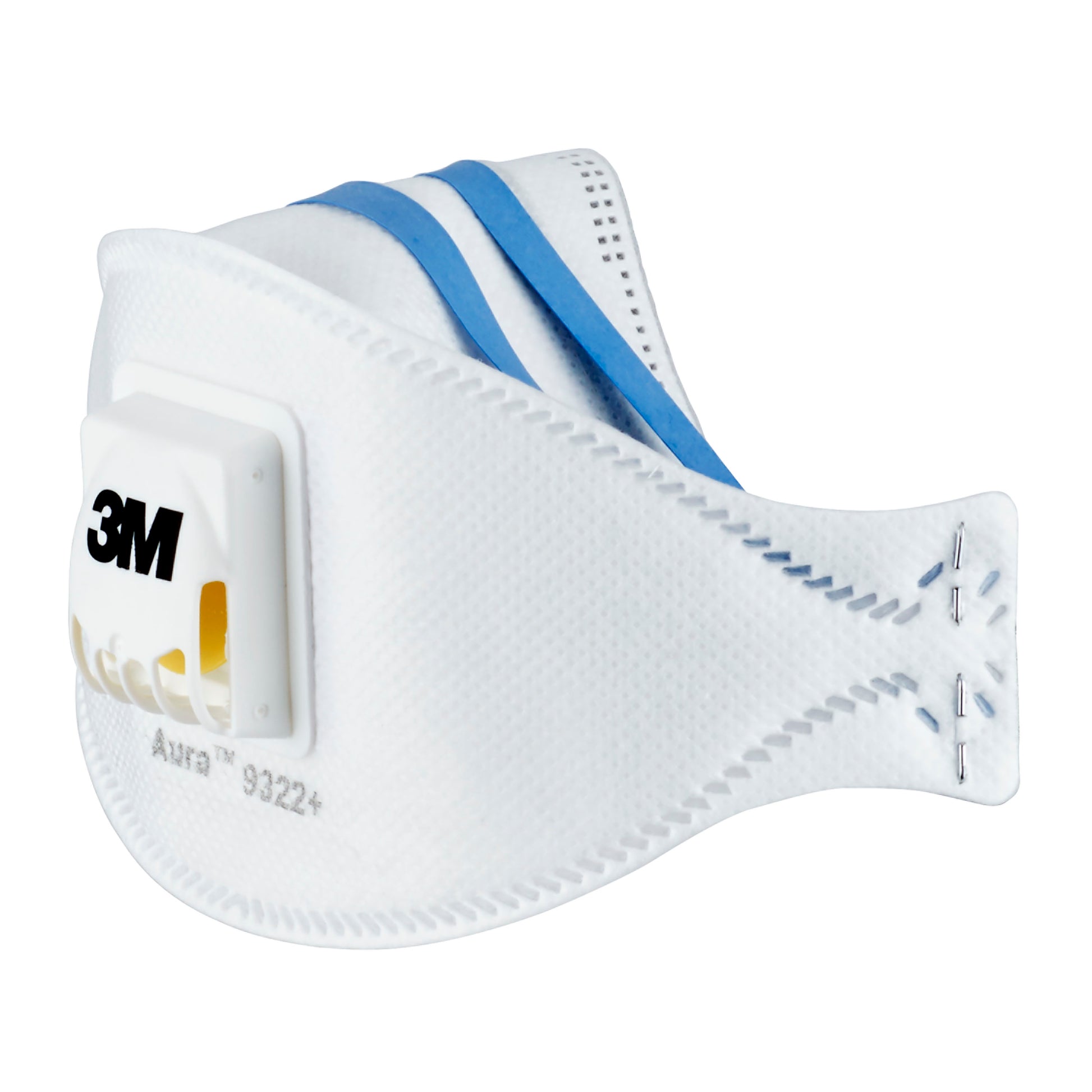Die 3M™ Aura™ Comfort Cool Flow™ Partikelmaske 9322+, FFP2, von 3M Deutschland GmbH ist eine weiße Einweg-Atemschutzmaske mit blauem Band und einem Ausatemventil an der Vorderseite, dargestellt auf einem einfarbigen Hintergrund.