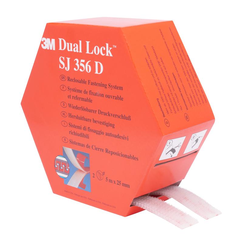 3M™ Dual Lock™ Flexibler Druckverschluss SJ356D, Transparent, 25 mm x 5 m, 5.7 mm, 40 Köpfe/cm², Spendebox | Packung (1 Stück)