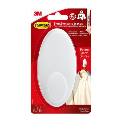 Der 3M Command™ Kleider-Haken, 17019-FGN von 3M Deutschland GmbH hält bis zu 3,4 kg, lässt sich ohne Bohren befestigen und kommt in einer rot-weißen Packung mit deutsch-französischem Text und dem Bild eines Mantels auf dem Kunststoffhaken.