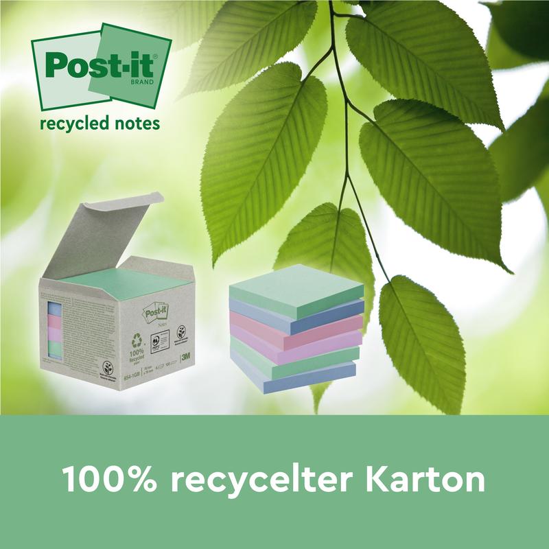 An open box with pastel-colored Post-it® Recycling Notes (76 mm x 127 mm, 100 sheets/block, 100% PEFC) from 3M Deutschland GmbH is depicted next to three stacks on a green background reading "100% recycled cardboard".