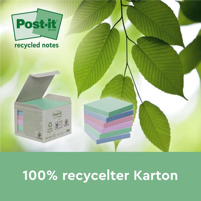 An open box with pastel-colored Post-it® Recycling Notes (76 mm x 127 mm, 100 sheets/block, 100% PEFC) from 3M Deutschland GmbH is depicted next to three stacks on a green background reading "100% recycled cardboard".