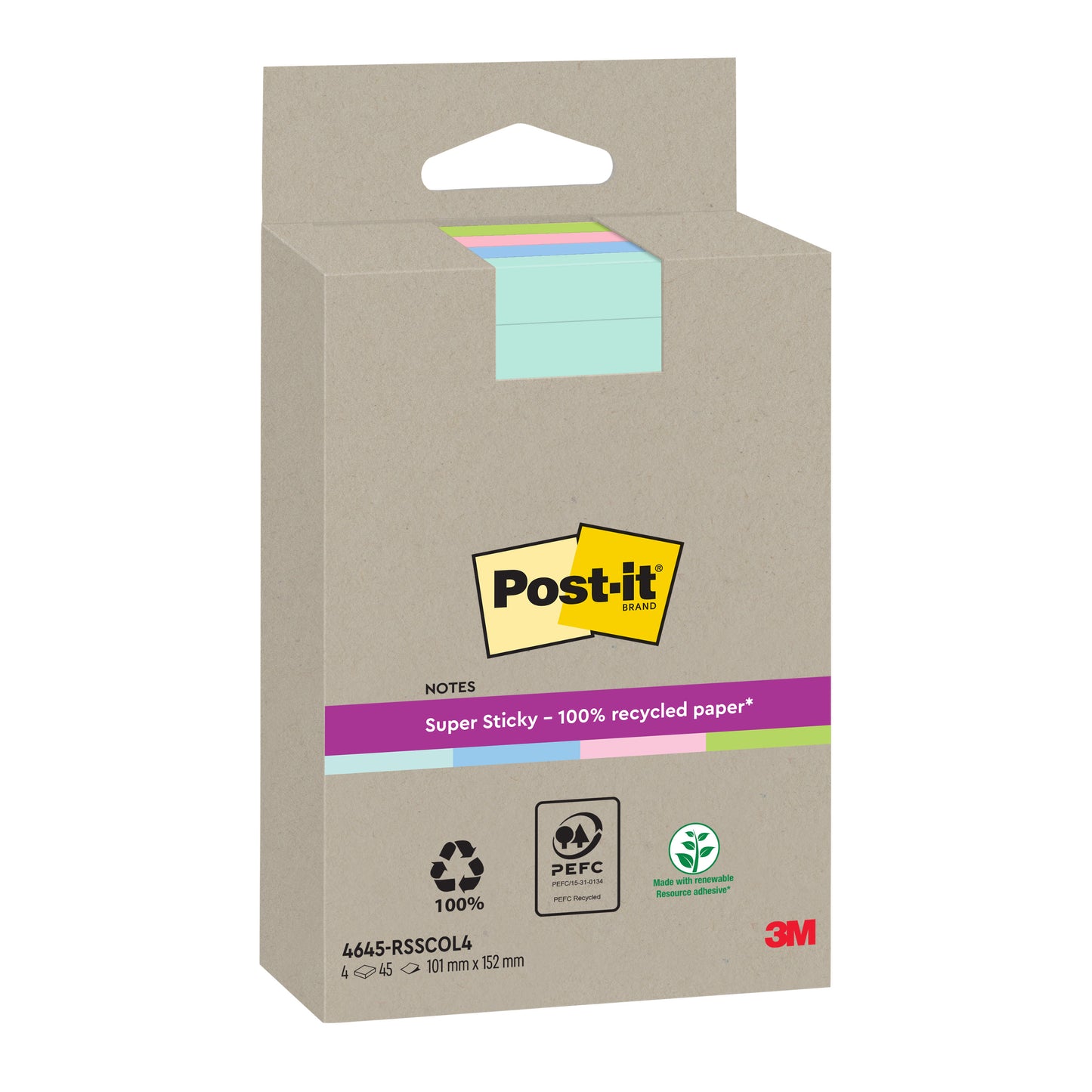 Eine Packung Post-it® Super Sticky 100% Recycling Notes, liniert und in verschiedenen Farben (102x152mm, 45 Blatt/Block, 4 Blöcke/Packung), hergestellt von 3M Deutschland GmbH aus PEFC-zertifiziertem Papier (SGSCH-PEFC-COC-110078).